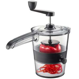 Gefu Spiralfix zöldség spirálozó, fekete és átlátszó, piros paprikával, amelyet spiráloznak - Gefu