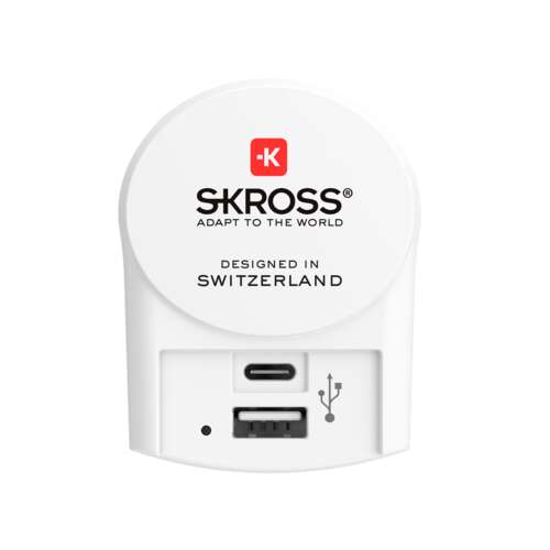 Skross travel adapter with USB and USB-C ports, white