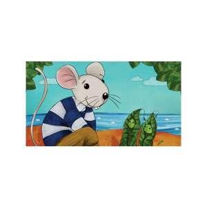 Rumini és a Fabatkák diafilm, ilustracja przedstawiająca Rumini, postać myszy, siedzącą na plaży z Fabatkák - Film slajdowy