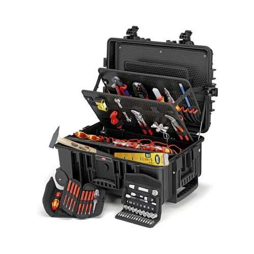 Knipex Robust45 Move Elektro szerszámos láda, nyitva, rendezett rekeszekkel és szerszámokkal