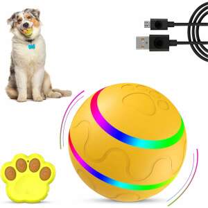 Yellow remote control dog ball toy with paw print design, dog playing with the ball, remote control, USB charging cable - Dog Toy