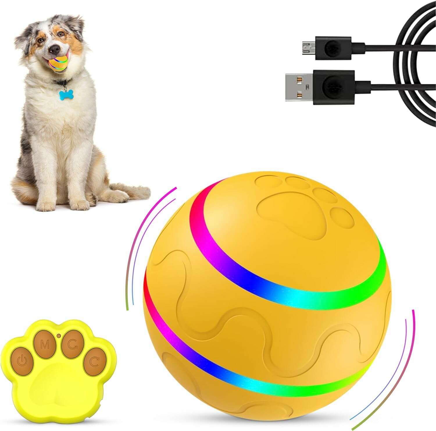 360° Rotating Waterproof Smart Ball Toy for Dogs and Cats with Remote Control in Yellow