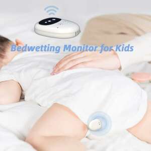 Bedwetting alarm device for kids, showing a baby sleeping and the device attached to their underwear - Alarm
