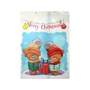 Geantă cadou de Crăciun cu doi urși de pluș purtând pălării de iarnă și ținând un cadou, cu inscripția Crăciun Fericit - Ambalaje cadouri