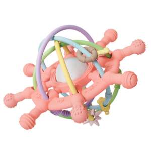 Baby Teething Interactive Rattle Ball for Motor Skills, Gum Ring, Silicone Sensory Soother, Pink