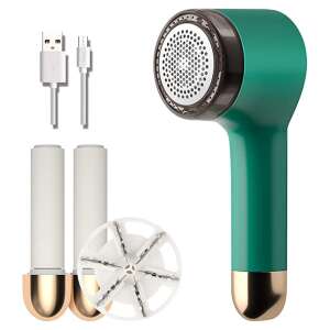 Green fabric shaver with USB charging cable, lint roller, and replacement blades - Fabric Shaver