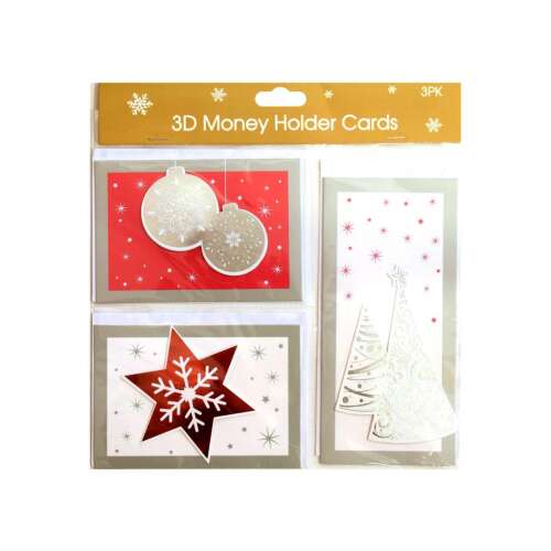 3er Pack Weihnachts-Geldkarten mit 3D-Designs, mit Weihnachtsbaum, Schneeflocke und Ornament