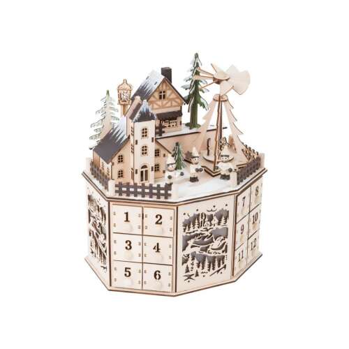 Calendar advent din lemn cu 24 sertare, cu o scenă de sat de iarnă cu o moară de vânt, o casă și un brad de Crăciun, iluminat cu lumini LED