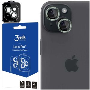 3MK Lens Pro iPhone 15 Plus camera lens protector applied to phone with packaging - 3MK Screen Protector