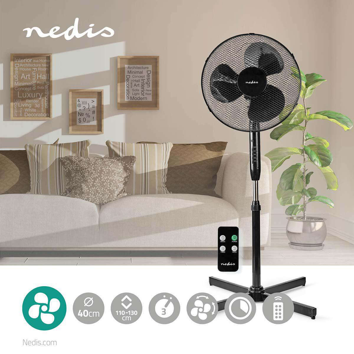 Nedis Álló Ventilátor Távirányítós ventilátor, fekete, FNST15CBK40 Átmérő: 400 mm 3-sebességes Oszcilláló 40 W Állítható magasság | Automatikus kikapcsolás időzítő | Távirányító | Fekete