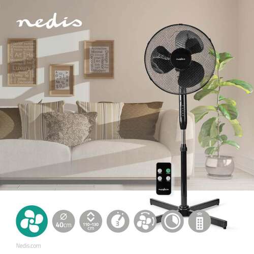 Nedis Álló Ventilátor Távirányítós ventilátor, fekete, FNST15CBK40 Átmérő: 400 mm 3-sebességes Oszcilláló 40 W Állítható magasság | Automatikus kikapcsolás időzítő | Távirányító | Fekete