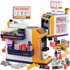 Self checkout toy playset with coffee machine, freezer, scanner, money, and credit cards - Shop Playset, Shopping