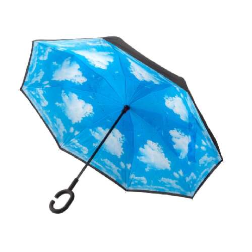 Fordított esernyő kék-fehér felhő mintával, C-alakú nyéllel