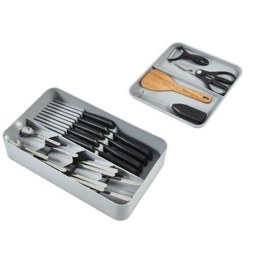 Two-tier cutlery organizer with compartments for knives, forks, spoons, and other kitchen utensils