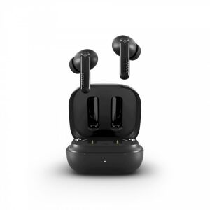 LAMAX Clips1 Plus Black earbuds and charging case on white background - Headphone and Bluetooth Speaker