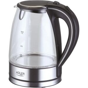 Adler 1.7L glass electric kettle with black handle and stainless steel base. - Adler