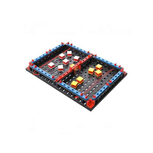 Fischertechnik Advanced Slide Battle construction toy set, showing the assembled game board with colorful blocks and tracks