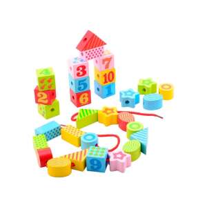 Jouéco Holz-Schnürspiel mit Blöcken und Perlen für Kleinkinder, mit bunten Formen und Zahlen zum Lernen und Spielen - Schaukelpferde, Schaukeltiere und Entwicklungsspiele für Kinder im Kindergartenalter