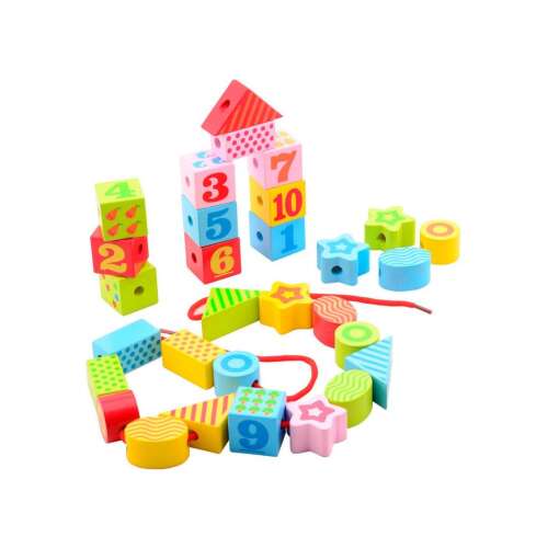 Jouéco Holz-Schnürspiel mit Blöcken und Perlen für Kleinkinder, mit bunten Formen und Zahlen zum Lernen und Spielen