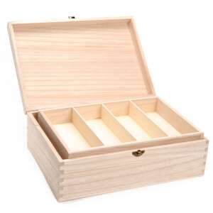 Cutie de depozitare din lemn cu capac, 31x21,5x10 cm, lemn natural, cu compartimente, pentru organizarea și depozitarea articolelor mici - Inscripții din lemn & elemente decorative