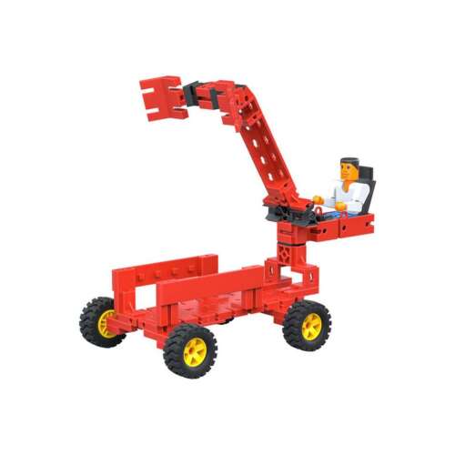 Fischertechnik Junior Engineer building set, red construction vehicle with a crane arm and a figure