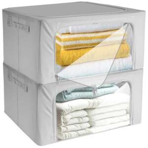 2er Pack graue Unterbett-Aufbewahrungsboxen mit klaren Frontplatten, die Handtücher und Bettwäsche im Inneren zeigen - Garderobenorganizer