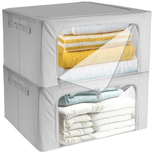 2er Pack graue Unterbett-Aufbewahrungsboxen mit klaren Frontplatten, die Handtücher und Bettwäsche im Inneren zeigen