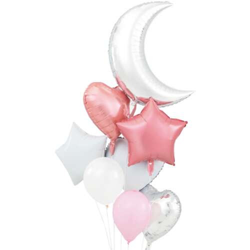 8 darabos rózsaszín és ezüst lufi készlet, beleértve a holdat, csillagokat és szíveket, tökéletes partikhoz és ünnepségekhez
