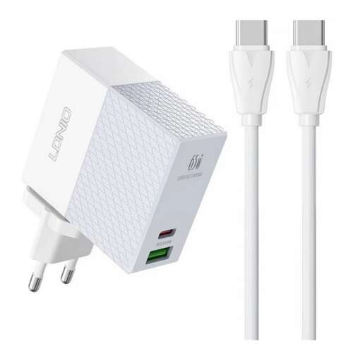 LDNIO 65W USB-C hálózati töltő két USB-C kábellel, fehér