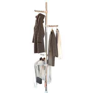 White telescopic clothes rack with 6 segments, holding clothes, coats, and bags - Standing hanger