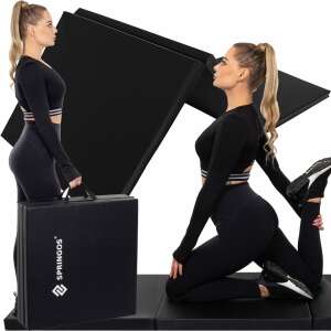 Collage of Springos black folding exercise mat in use and folded - Sport & Leisure