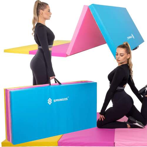 Collage of Springos foldable exercise mat in use and folded, colorful gym mat
