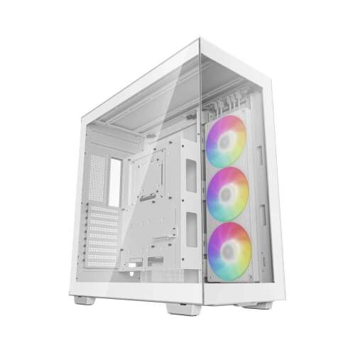 DeepCool CH780 white computer case with tempered glass side panel, showing the interior with RGB fans