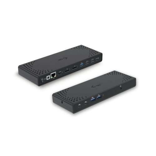 i-tec C31TRIPLE4KDOCKPD 100W Universal Docking Station, schwarz, schräge Ansicht, zeigt Anschlüsse und Verbindungen