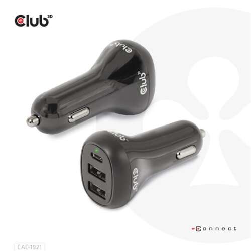 Club 3D CAC-1921 autós töltő 36 watt, USB Type-C és 2 USB Type-A porttal