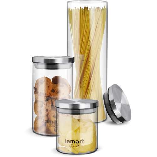 Lamart 3-piece glass storage container set with stainless steel lids, perfect for storing pasta, cookies, and other dry goods