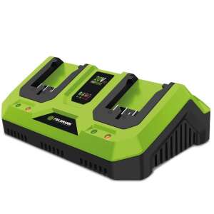 Fieldmann FDUZ 79110 20V dual battery charger, green and black, angled view - Tool Batteries and Charger