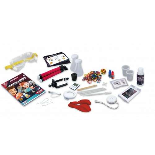 BUKI Science+ Chemistry Challenge 30 Experiments Kit contents: tripod, phone holder, light ring, stopwatch, measuring tape, safety glasses, beakers, balloons, slime powder, sodium acetate, red and blue dye, pipette, stirring stick, straws, rubber bands, challenge cards, booklet