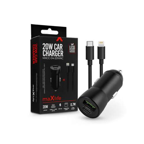 Maxlife Zigarettenanzünder-Ladeadapter mit USB + Typ-C-Eingang + Typ-C – Lightning-Kabel – 20 W – Maxlife MXCC-04-20WAC PD3.0 + QC3.0 Autoladegerät – Schwarz