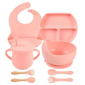 Pink silicone baby feeding set with bib, bowl, plate, cup, spoons and forks - Kids' Plate