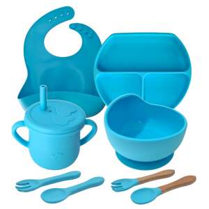 Blue silicone baby feeding set with bib, plate, bowl, cup, spoon, and fork - Kids' Plate