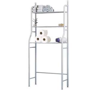 Timeless Tools 3-shelf storage stand, white, with towels, toilet paper, and a plant on the shelves - Furniture