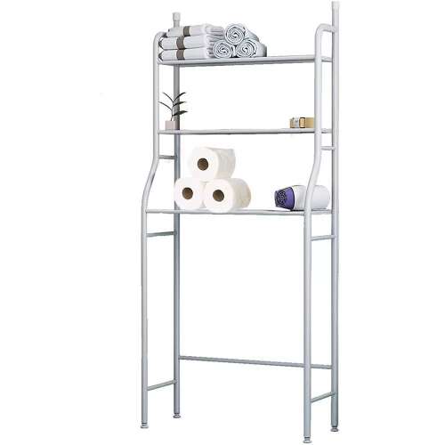 Timeless Tools 3-shelf storage stand, white, with towels, toilet paper, and a plant on the shelves