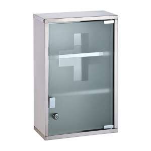 Timeless Tools lockable medicine cabinet, stainless steel, frosted glass door, with red cross symbol - Furniture