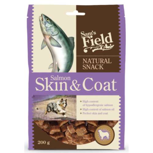 Sam's Field Salmon Skin & Coat természetes kutya jutalomfalatok, 200g-os csomag lazac ízű jutalomfalatok egészséges bőr és szőrzetért