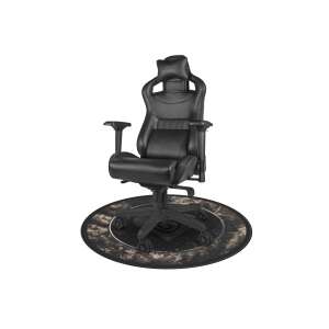 Genesis Tellur 500 Master of Camouflage 110 cm gaming floor mat with camouflage design, shown with a gaming chair - Genesis