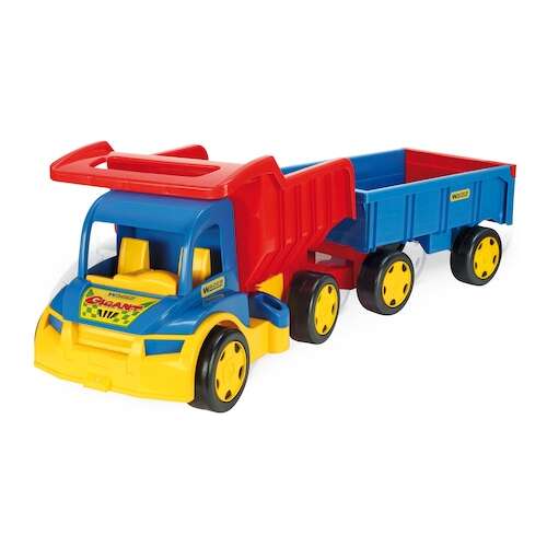 Wader Camion Gigant cu Cărucior, albastru, roșu, galben camion de jucărie cu platformă basculantă și cărucior, pentru copii