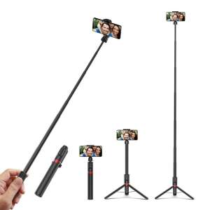 Combinatie selfie stick și trepied, extensibilă până la 1300 mm, negru, cu suport pentru telefon și telecomandă - Selfie stick-uri