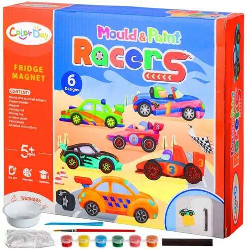 ColorDay Mould & Paint Racers Fridge Magnet, 6 designs, plaster powder, paint, brush, detailed instructions, 5+ years