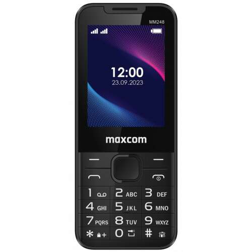 Maxcom MM248 4G mobiltelefon, fekete, elülnézet, kijelzővel, billentyűzettel és gombokkal